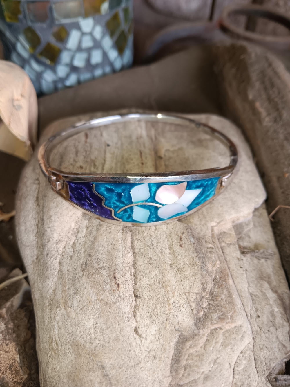 Vintage Silver Tone Alpaca Mexico Floral Hinged Bracelet Inlaid Mother of Pearl